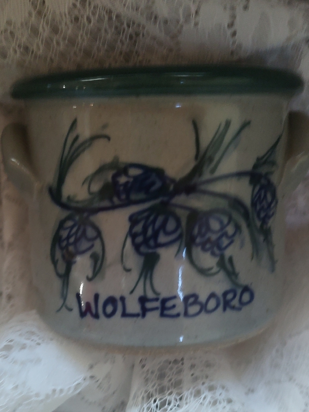 Great Bay Pottery Crock. Small  Blue Crock With Wolfeboro Lettering